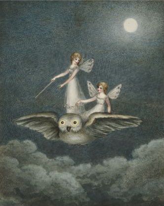 As described, the moon is full, there are billowing clouds in the night sky beneath them. One fairy is standing, the other is sitting. Both fairies are dressed in white. Illustration.