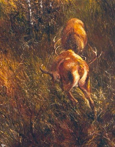As described, in grassy scene, painting.