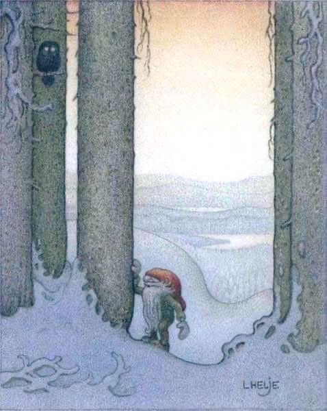 Tomte stood in snow between trees with one hand on a trunk, behind him a landscape sprawls in the distance, dawnish sky, owl perched in one of the trees, illustration.