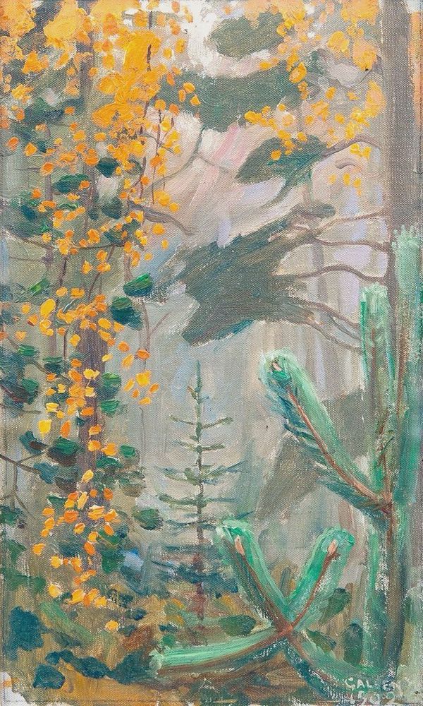 Painting of a woodland view 
with greys and greens, which are punctuated by bursts of amber and yellow foliage, central fir tree. 