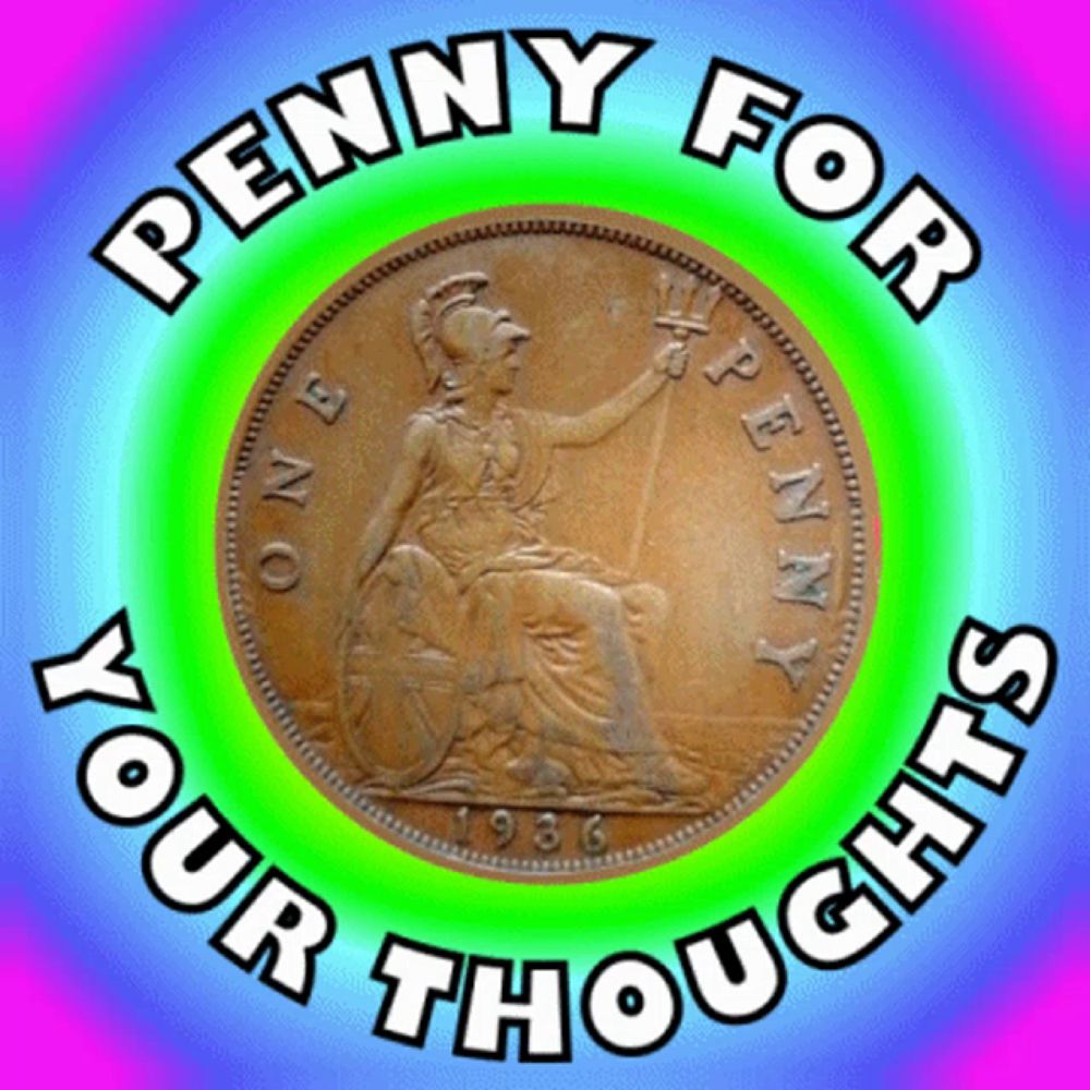 a penny for your thoughts logo with a one penny coin in the center