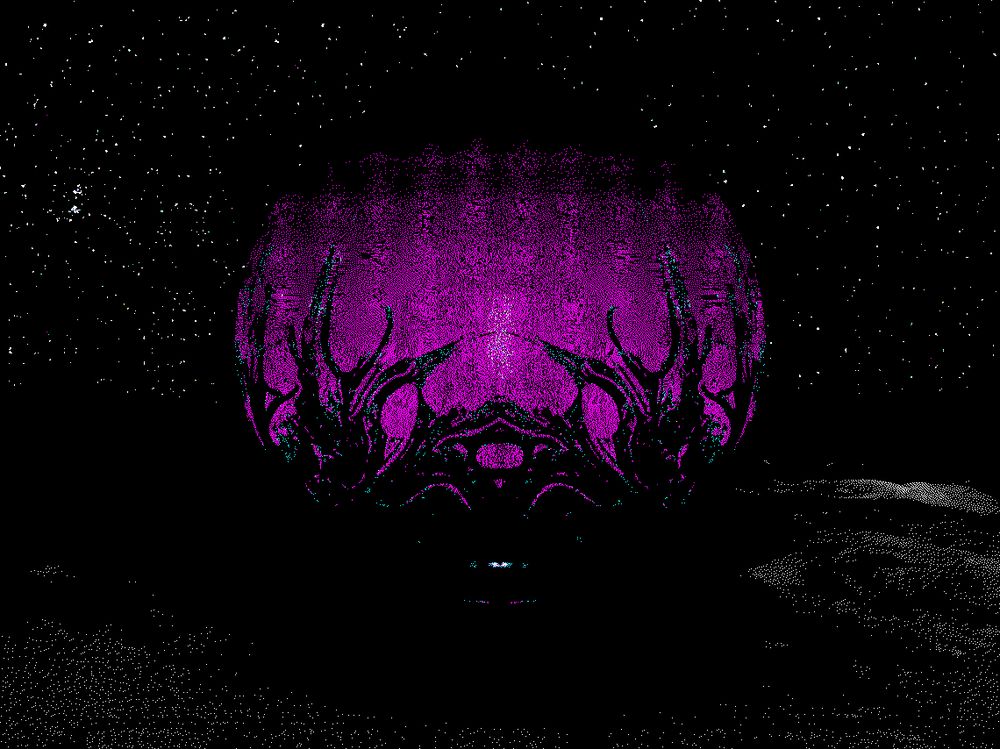 an ominous purple sphere beneath the stars on pale soil