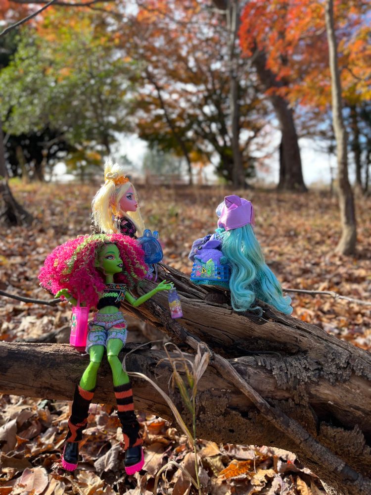 Venus, lagoona, and twyla sitting on a tree stump. Venus hands up a watering bottle to twyla, who's carrying her bunny in venus' gardening basket