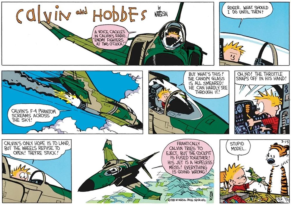 Calvin and Hobbes cartoon by Bill Watterson, first published this day 24 April 1988.