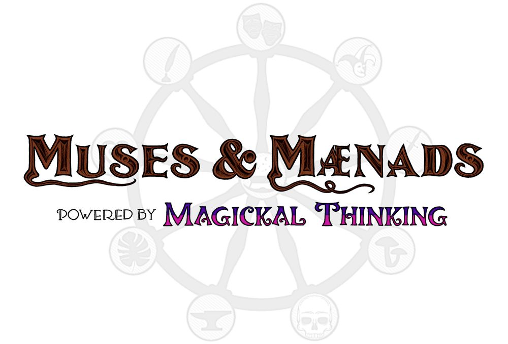 This WIP is a logo for Muses and Maenads, a Magickal Thinking TTRPG.  The image shows "Muses and Maenads" done as if spelled with carved wooden letters above the words "powered by Magickal Thinking" done in two tone purple and pink lettering. All of this is overlay on a wheel with nine spokes. At the center is an icon and each spoke has an icon.  Each of these represents one of the ten forms of Magick found in the Wyrd.  The wheel itself represents traveling the never-ending Road.