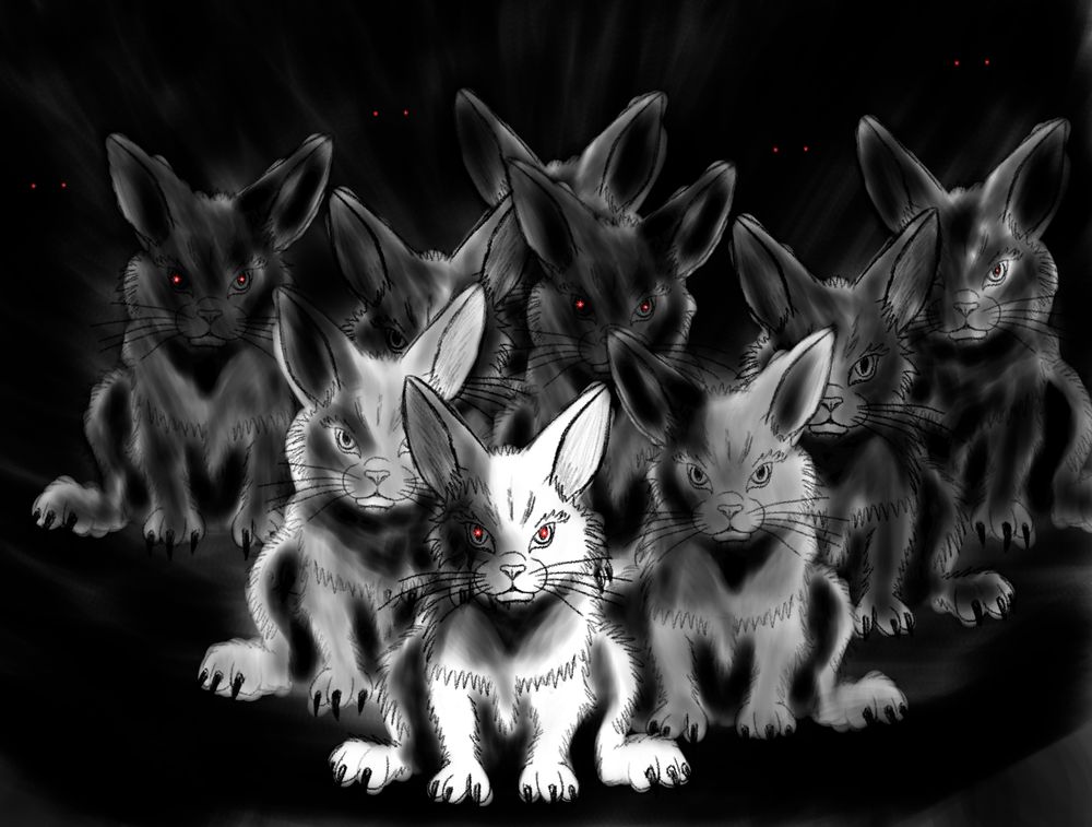 This is concept art for our game. A group of bunnies stare at you from the shadows.  Their gaze is menacing and some of them have the glowing red eyes that signal they have taken in too much Madness and are about to Swarm.  Many more red points of light shine from the darkness behind them. A Swarm is moments away...