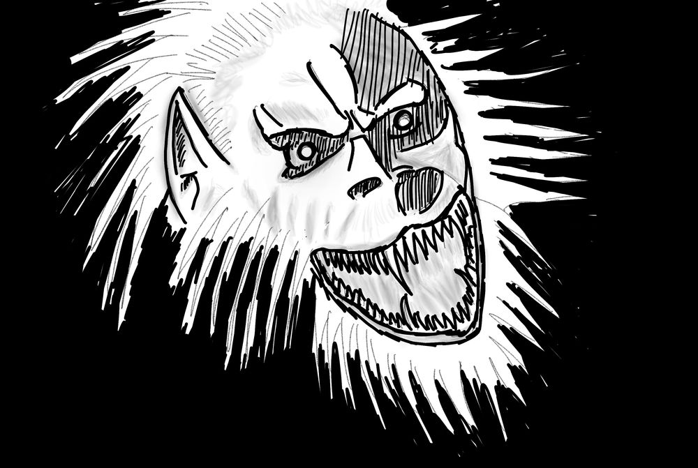 This is concept art for our game.  It shows a savage monkey like creature emerging from the darkness.  Possibly a flying monkey.