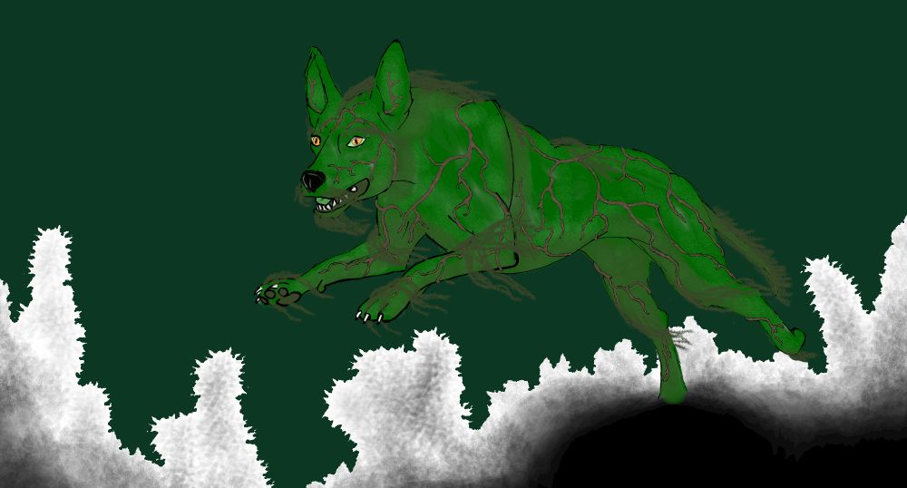 This is concept art for our game. This wip shows a creature known as a Moss Mutt. It leaps from the undergrowth, yellow eyes bright, skin green, covered in vines, and trailing bits of Spanish moss.
