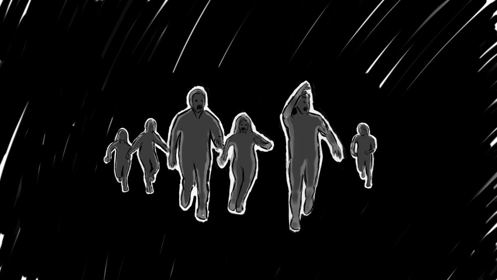 This is concept art for our game.  It shows several individuals running through the darkness.  Their faces are fearful and they run as if chased by some terror.  This is a depiction of a Wild Hunt.  While every Deva's hunt is different, many of them are a frightful and bloody affair.  Every night, some Village in the Wyrd experiences, and is often wiped out by, a Wild Hunt.