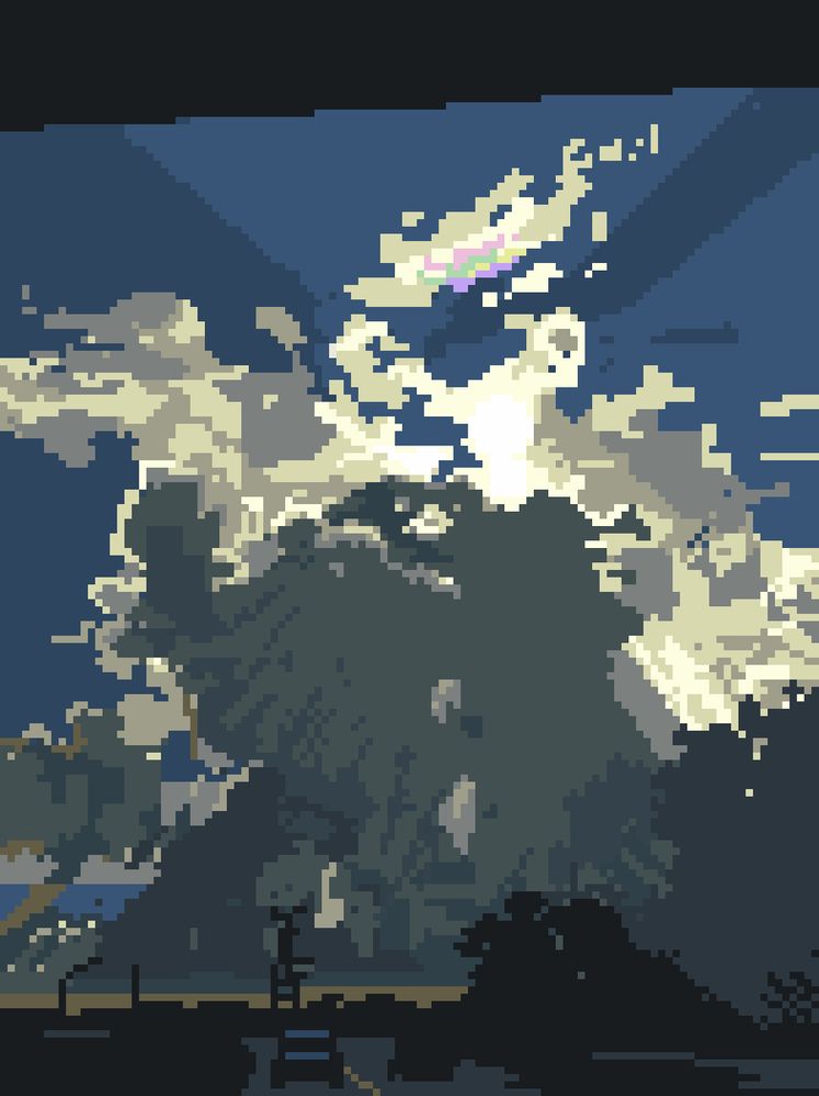 Pixel art illustration of a semi-humanoid cloud looming over a highway, illuminated from behind by sun rays