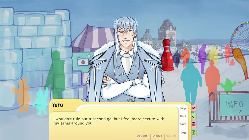 Yuto, smiling with eyebrows raised, standing in the midst of a winter carnival. the textbox reads "I wouldn't rule out a second go, but I feel more secure with my arms around you."