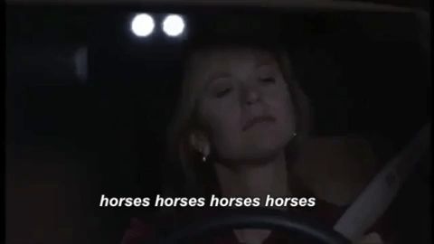 Clip from Sleepless in Seattle film - a blonde woman driving at night sings "horses horses horses horses" 
