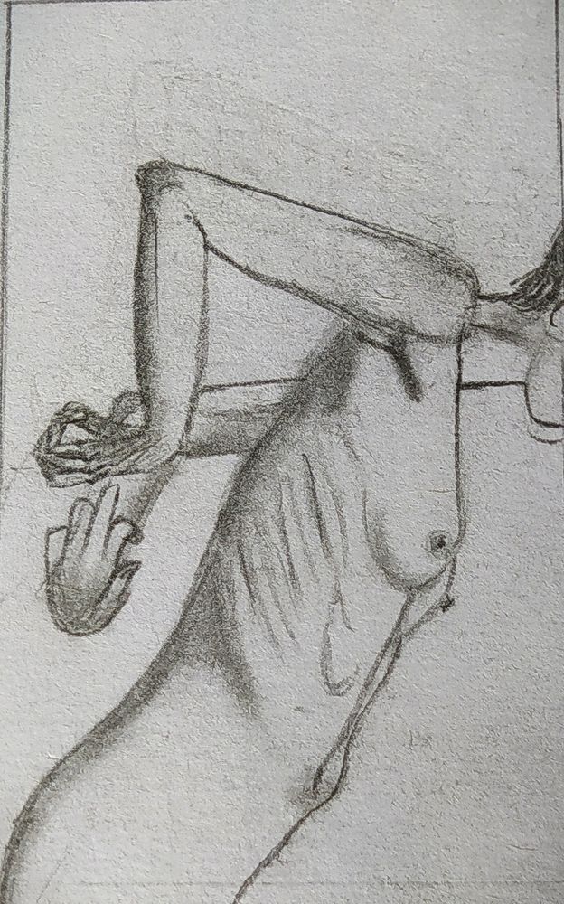 Pencil drawing of nude woman leaning forwards with hands behind her back. 