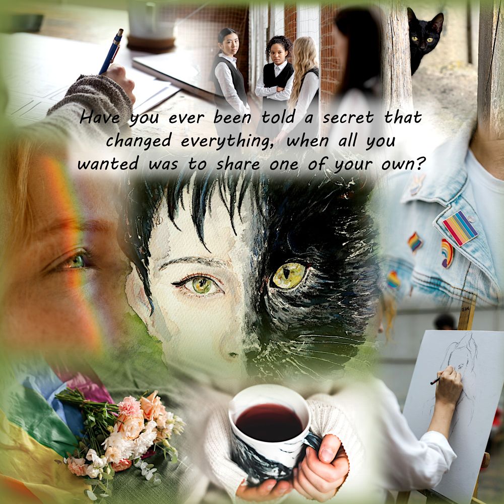 The spring green-toned image collage is dominated by the stare of a half-human, half-cat face, illustrated in watercolour and pencil. Both eyes in the portrait are yellow-green and both the short, pixie-cut hair of the human and the fur of the cat is black. The human half of the face has pale skin. The tagline reads: “Have you ever been told a secret that changed everything, when all you wanted was to share one of your own?” Around the portrait image are photographs relating to high school gossip and bullying, queer Pride and comfort. They include gossiping figures in school uniform, a hot beverage held between someone’s palms, rainbow reflections and badges, a black cat, a writing hand with a pen, and someone sketching.

