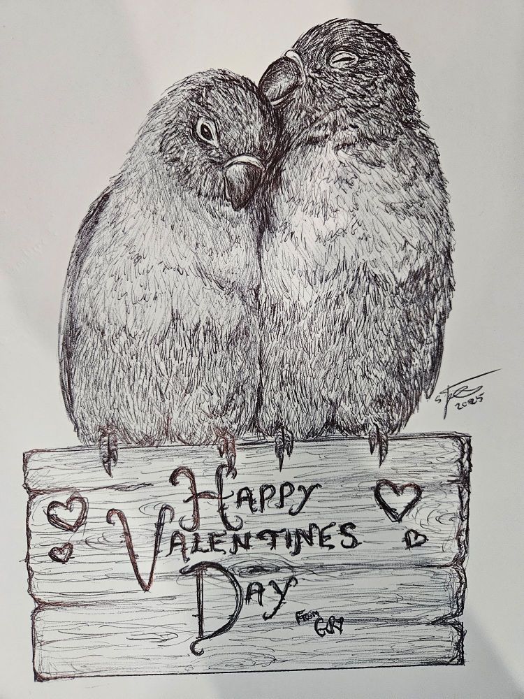 Love birds cuddling on wooden sign that says "Happy Valentines Day" with love hearts.