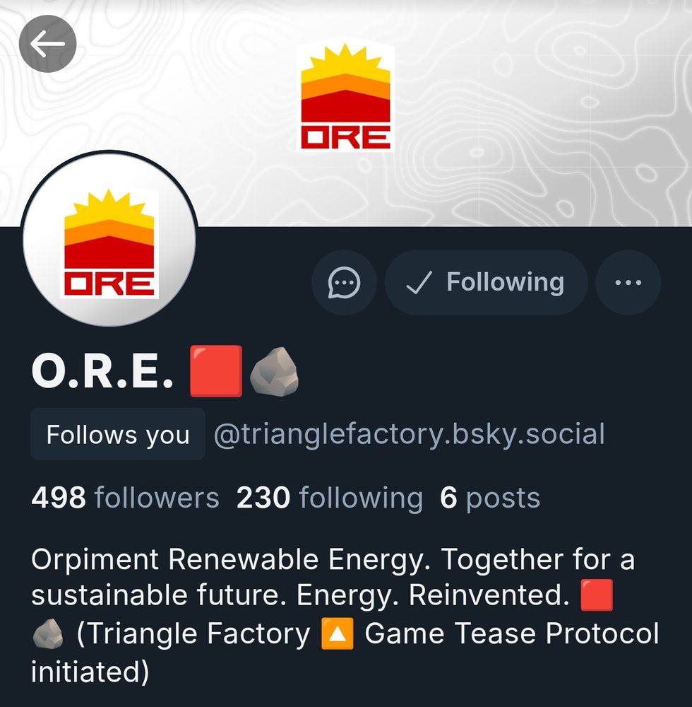 Triangle Factory social accounts have been changed into branding representing a fictional company called O.R.E. 👀🟥🪨