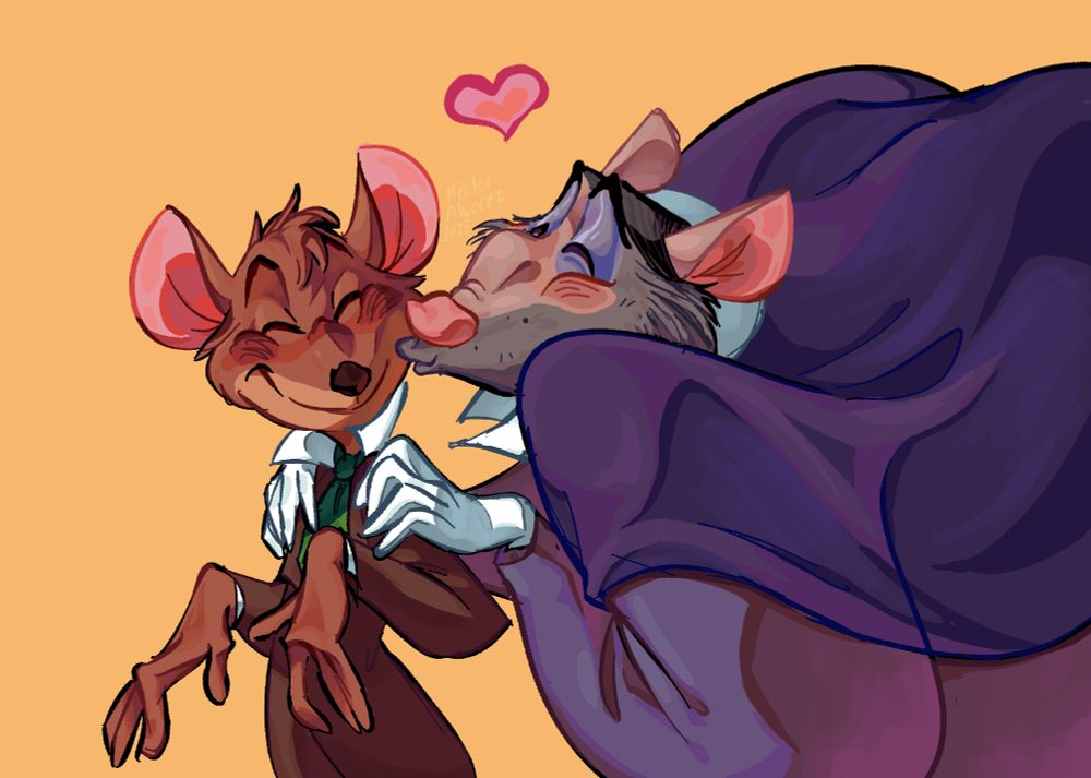 Ratigan in purple kissing Basil
(In victorian times wearing black was meant for mourning/death)
