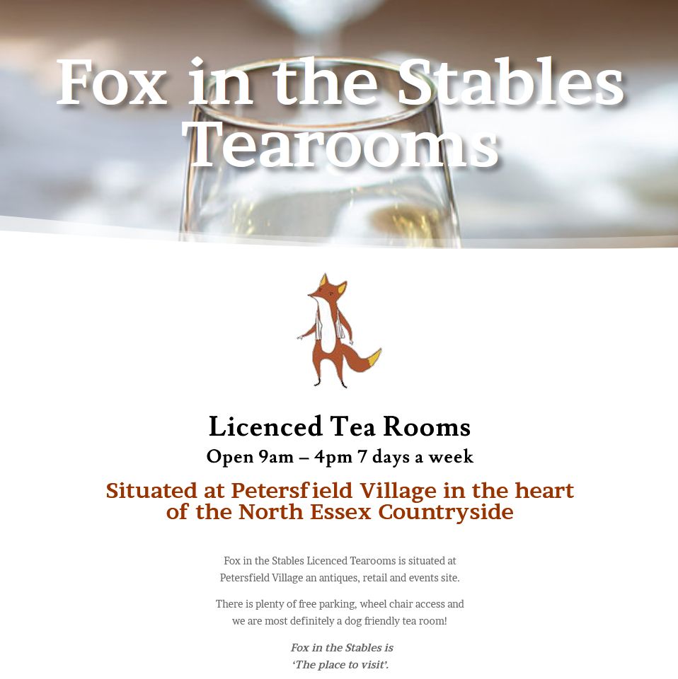 Screenshot of a webpage for a tea room in Essex called "Fox in the Stables"
