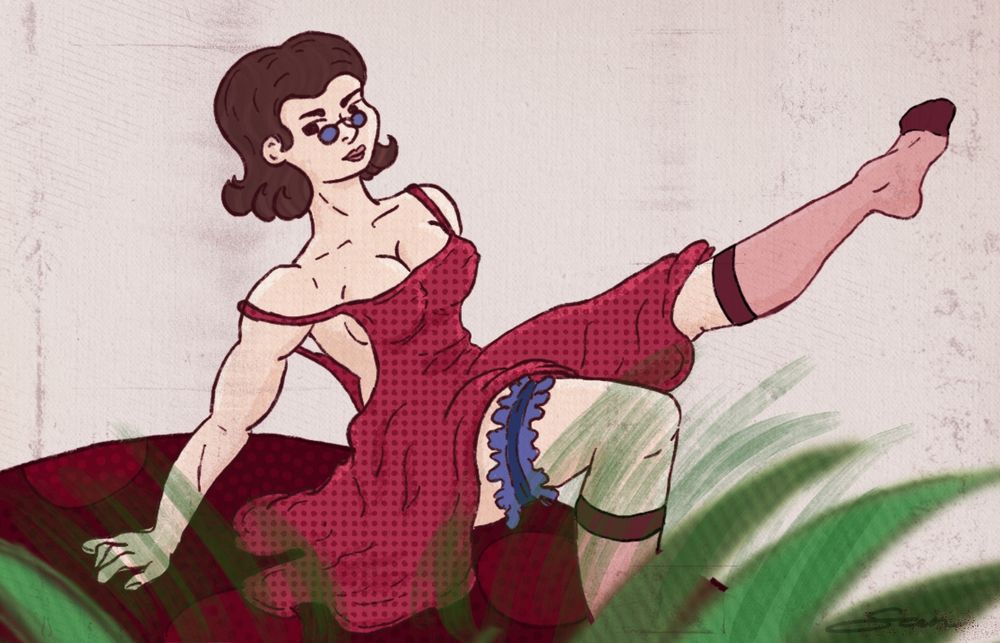 San the Witch in a red dress, sitting on top of a big mushroom with her leg extended in a very pinup-y style. 