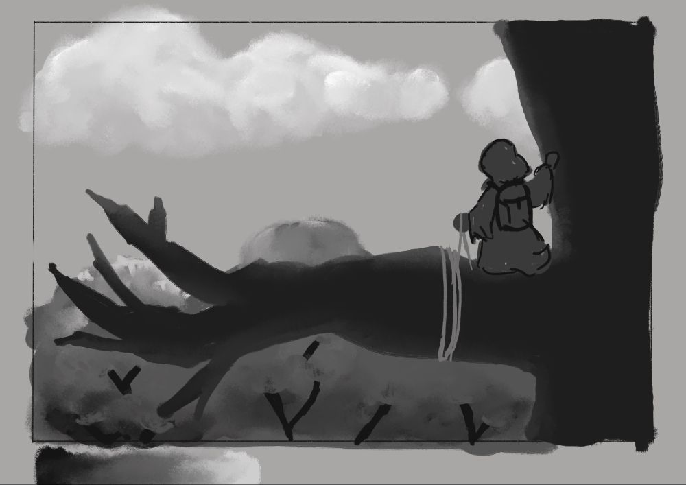 Hooded character standing on top of a tall tree looking into the distance