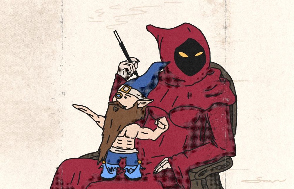 Bimble the wizard, who is a gnome, standing and flexing on a lap of a figure with darkened face and in a red robe. The figure is sitting in a chair and smoking a cigarette. Bimble is shirtless and buff as fuck.