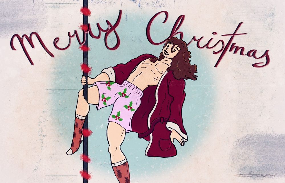 Evil Sex Wizard dancing on a dance pole in nothing but a red robe and boxers with mistletoes on them. The text behind him says "Merry Christmas"