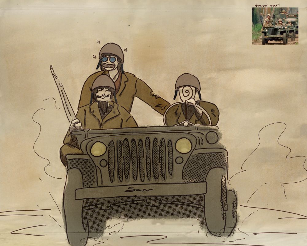 3 soldiers driving an army jeep. 