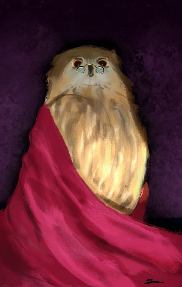 Painting of an owl, covered in red robe wearing golden glasses. Owl is looking down on the viewer. 