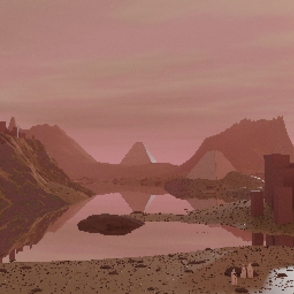 A pixel art image of a green and orange landscape. Multiple structures dot the landscape. Two pyramids stand in the background and are reflected in a lake. 3 robed figures stand in the foreground.