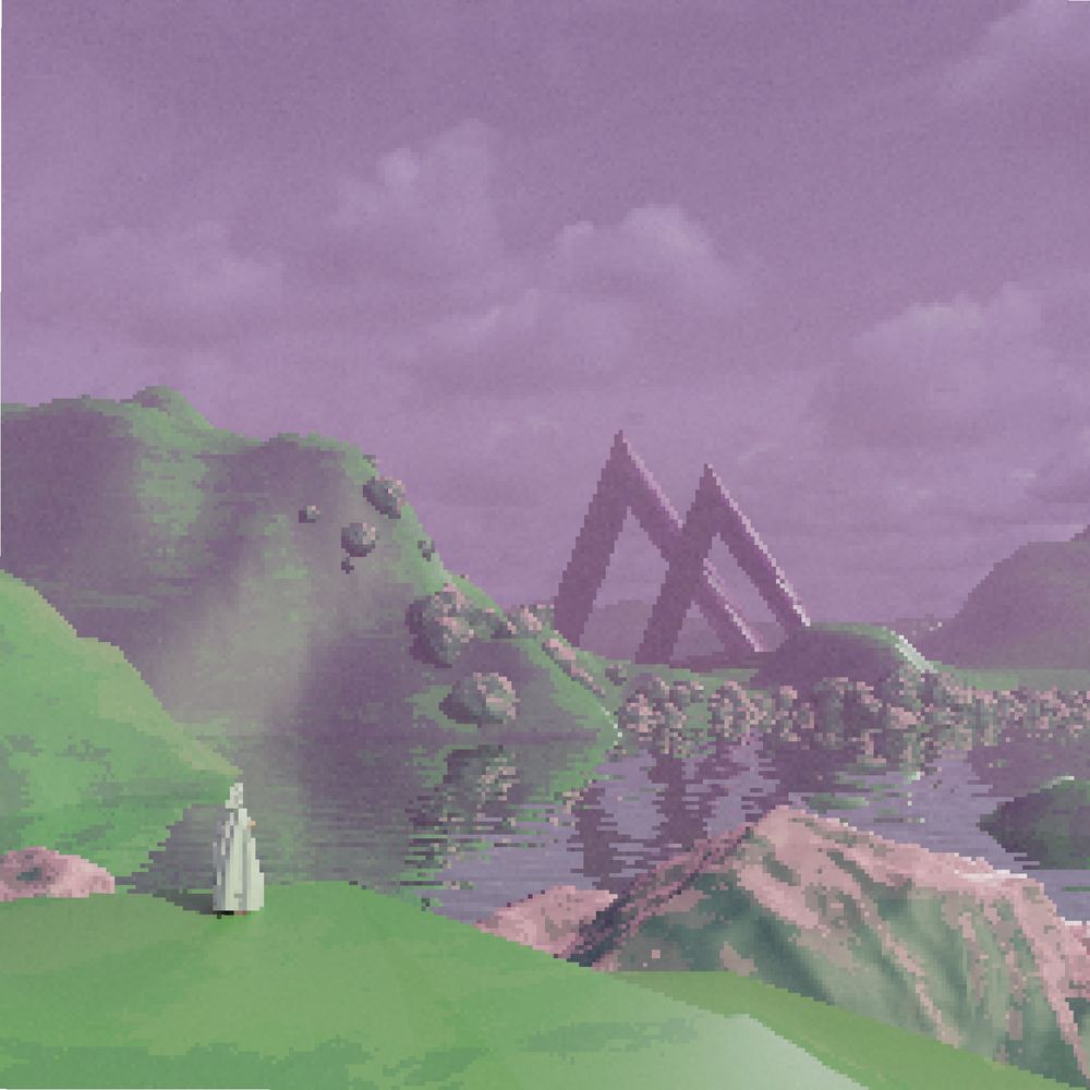 A pixel art image of a green and pink landscape. A triangular structure sits in the distance. A robed figure stands in the foreground.