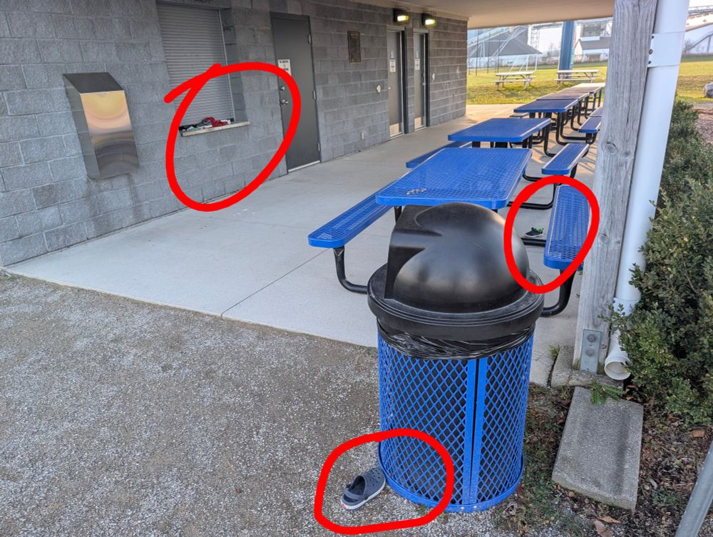 Three shoes scattered in a park area with benches 