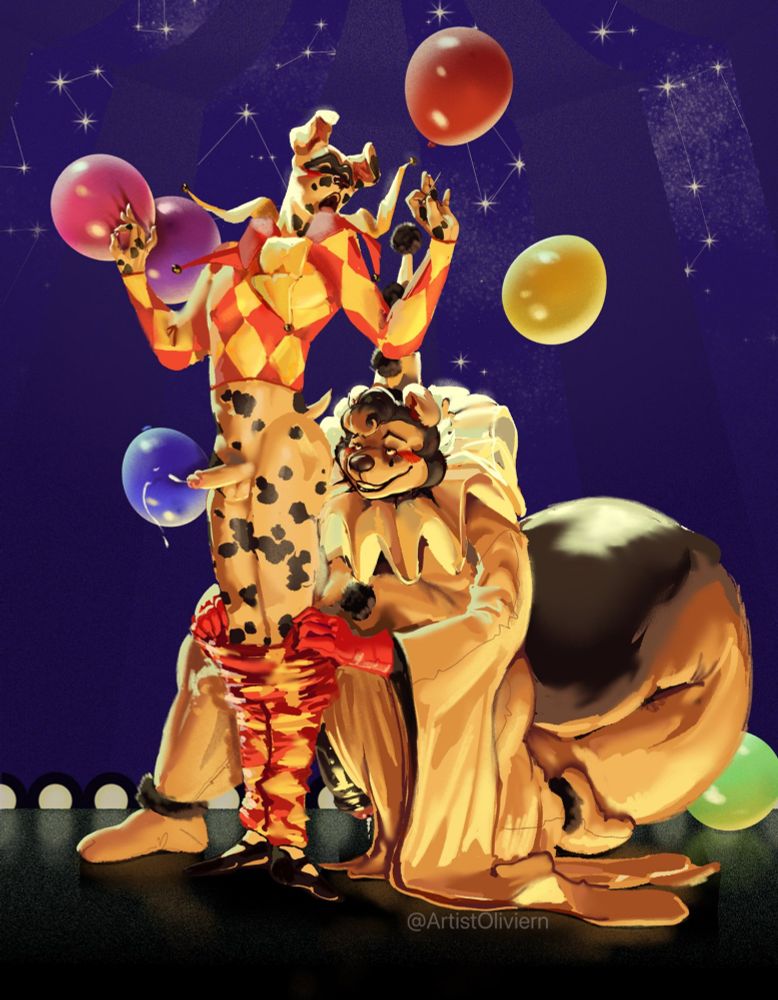 Two clones performing for an audience. The skunks clown pulls down his partner's garments, having the canine flash his dick to the viewer. 