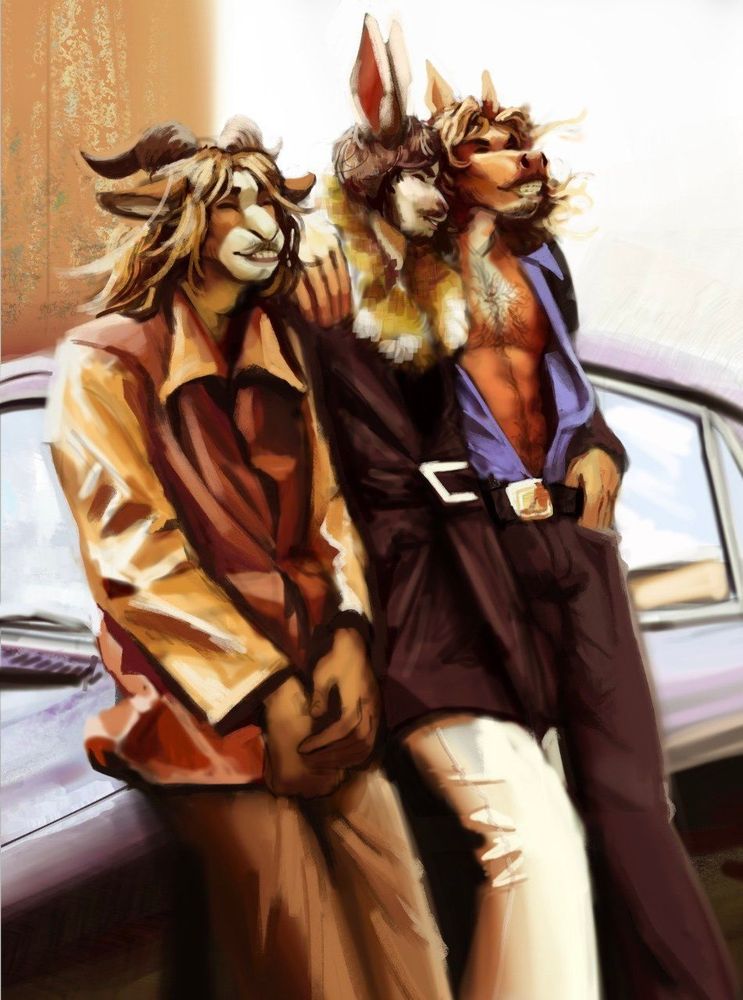 Colored sketch study of members of Led Zeppelin leaning against a car.