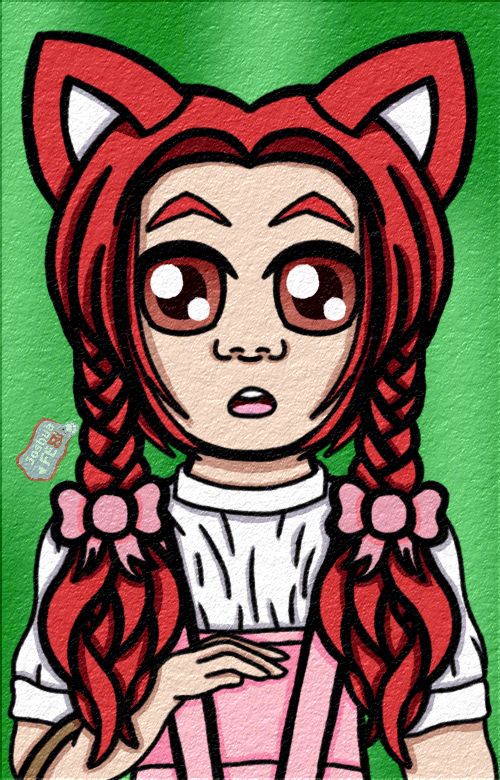 Artwork of JoshuaFE8's catgirl OC, Joshy Cat, dressed in a pink version of the dress that Dorothy wears in the movie "The Wizard of Oz." She's got her hair in the same hairstyle too but in Joshy Cat's red hair colour. And she's also got her hand held up in front of her with a little basket hanging off her arm. Her expression is surprised. The background is green as a reference to the Emerald City.