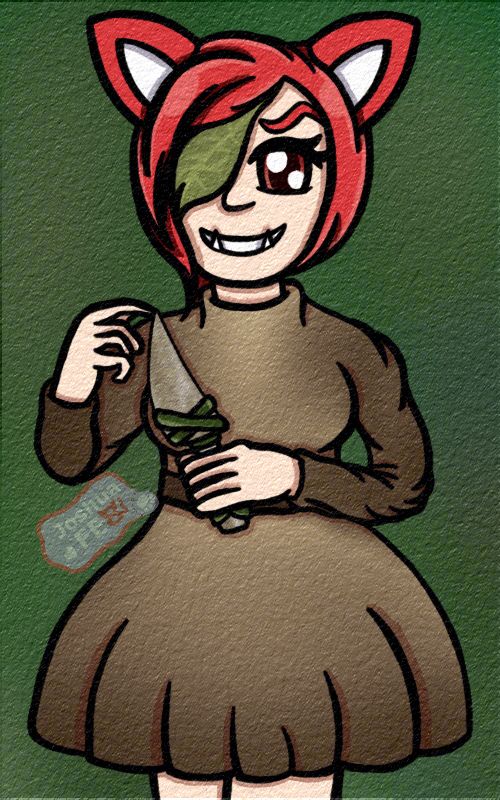 Artwork of JoshuaFE8's Catgirl OC, Joshy Cat holding Buck's sword made from Rudy's tooth from "Ice Age 3 Dawn of the Dinosaurs." She is designed to represent Buck. She's wearing a frilly dress in the colours of Buck's fur with the darker parts on the sleeves and end of the dress to be like how his arms and legs are this colour. She has underbite fangs, a smirky smiley expression, and shorter hair than usual with it flipped over to her right side. She's also wearing Buck's eyepatch.