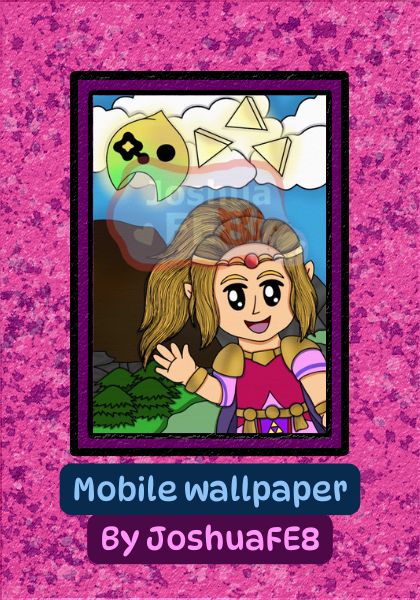 Mobile wallpaper display featuring a hot pink background with dark purple and faded white splatters. There is a basic mobile outline with a drawing of Zelda and Tri from The Legend of Zelda Echoes of Wisdom. Underneath is text saying "Mobile wallpaper by JoshuaFE8"