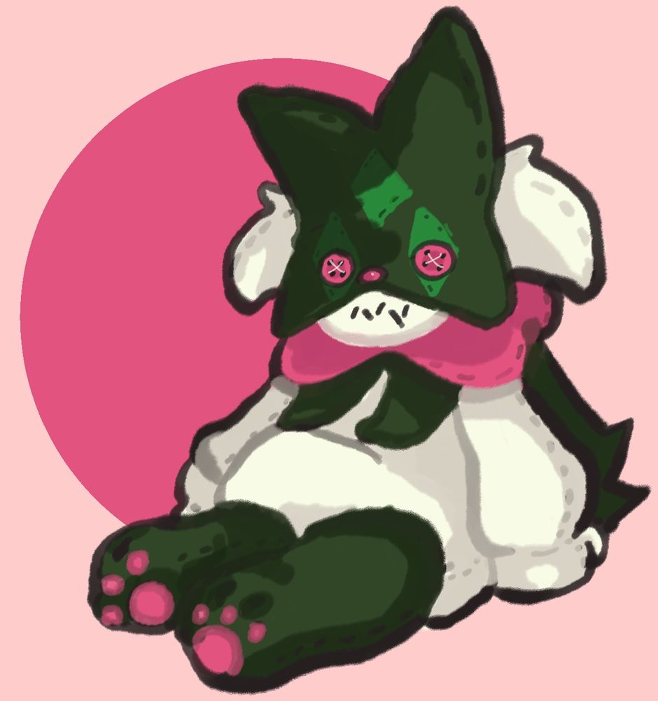 a plushie of meow meow on a pink background drawing in clip studio paint. he has pink button eyes and cute little paws and i love him 