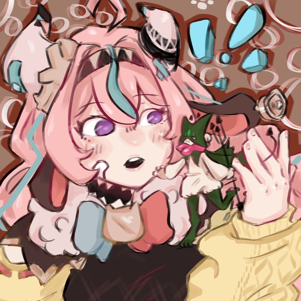 digital art of meowscarada from Pokémon horizons/scarlet/Violet and varesa a cow girl character from the game genshin impact meow meow is on her shoulder as a little devil with a tail, horn, and pitchfork. fully coloured with pink and green being the main colour scheme, with pinkish lines 