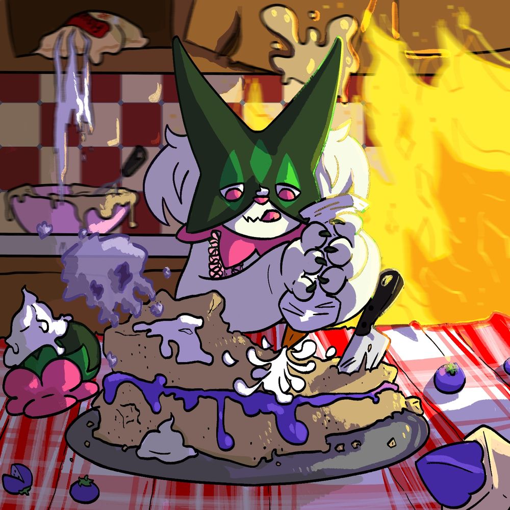 meow meow working hard to make a yummy cake! the kitchen is a bit messy and the fire adds mood lighting :3c 