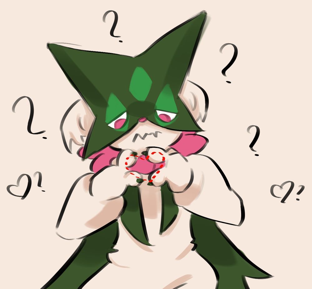 a drawing of meowscarada trying to create a heart with his paws but they're the wrong shape so it looks more like a diamond. He's confused but he's got the right spirit 