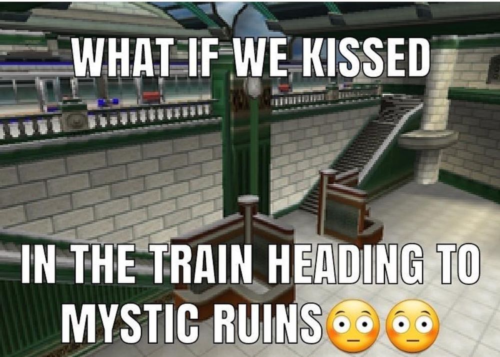 a screenshot of sonic adventure station square with a text saying "what if we kissed in the train heading to mystic ruins 😳😳"