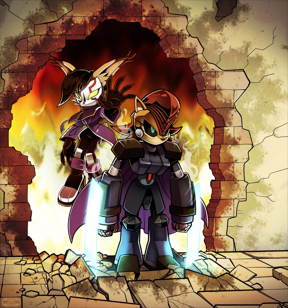 The commission is based on a scenario deep into my Neo AU where Neo Mecha Sally and Neo Nicole is laying siege to New Mobotropolis. While the city burns in flames, the duo make their grand entrance into the Kingdom of Acorn's Throne room through a wall.
Seriously Deebs is a great artist, support their work.