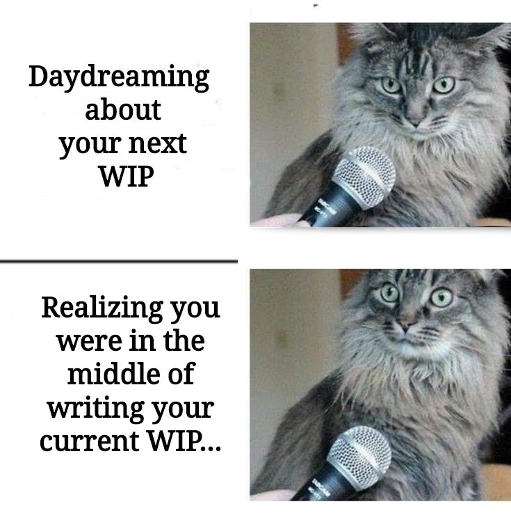 Meme of cat with a microphone, in different stages of shock over daydreaming about the next WIP and discovering you are still in your current WIP. 