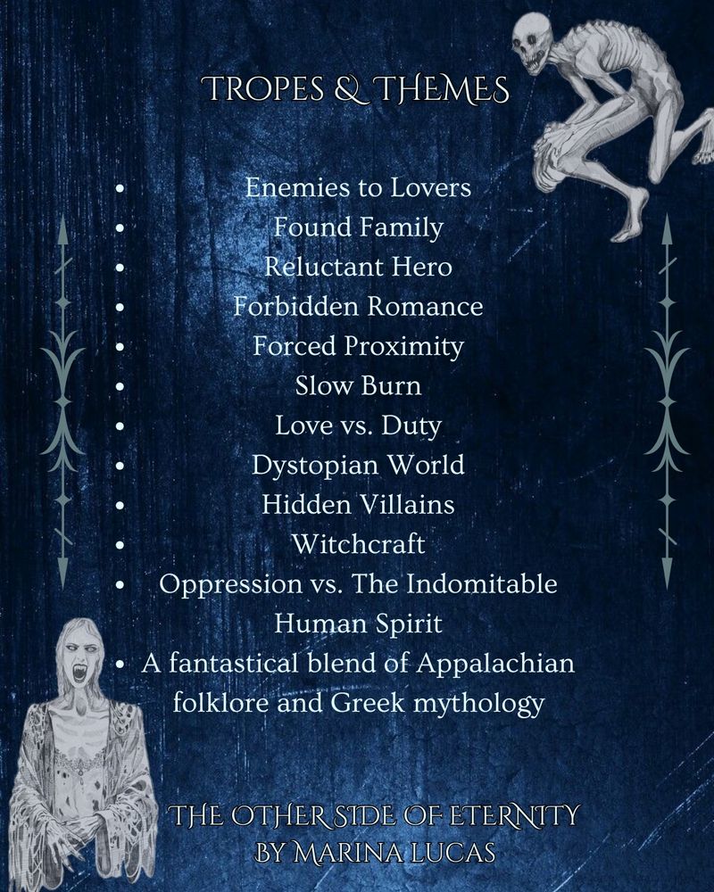 A tropes and themes page on a dark blue faded background  