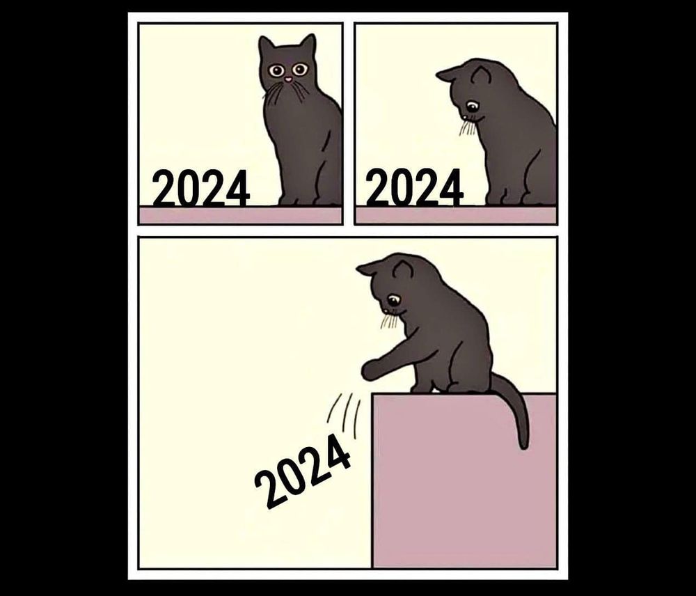 Cat spotting "2024" on the table, followed by contemplation, then swatting "2024" off the table