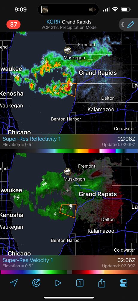 Screenshot of RadarScope in iOS, showing Base Reflectivity and Base Velocity products for the Grand Rapids MI (KGRR) radar, showing thunderstorms moving in from Lake Michigan.