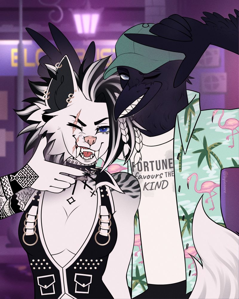 Hyena and crow couple enjoying the night in the city