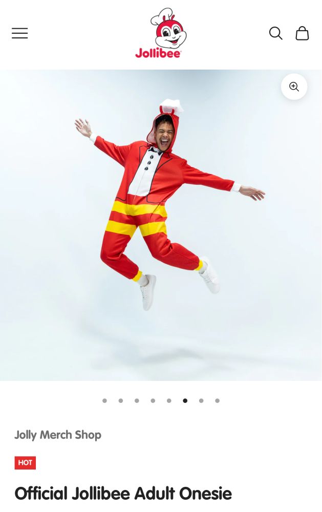screenshot from the jollibee website of jollibee onesies for sale. the photo is the model posing in mid air smiling. jollibee is a fried chicken franchise from the philippines 