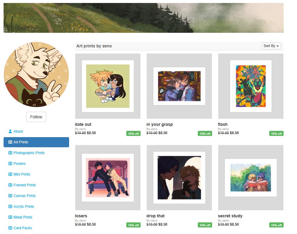 a screenshot of my INPRNT store page with some examples of prints available