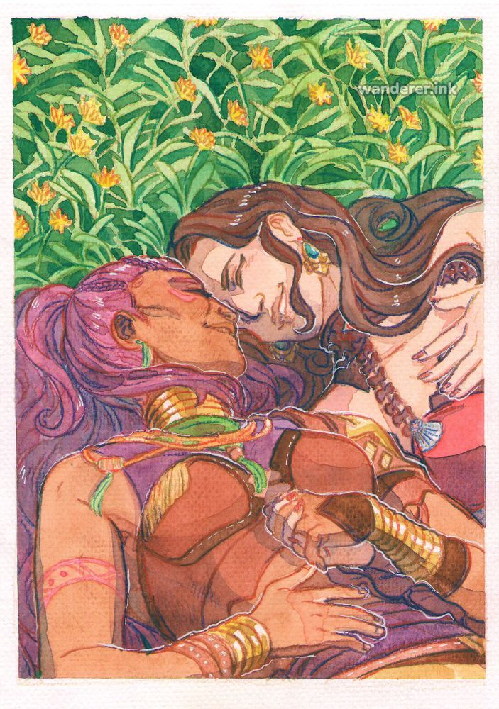 traditional artwork of post-timeskip petra macneary and dorothea arnault from the game fire emblem: three houses, done with watercolour and coloured pencils. they are drawn laying together in a grassy field of wildflowers, smiling at each other, foreheads touching. they are holding hands, resting them on petra's body.